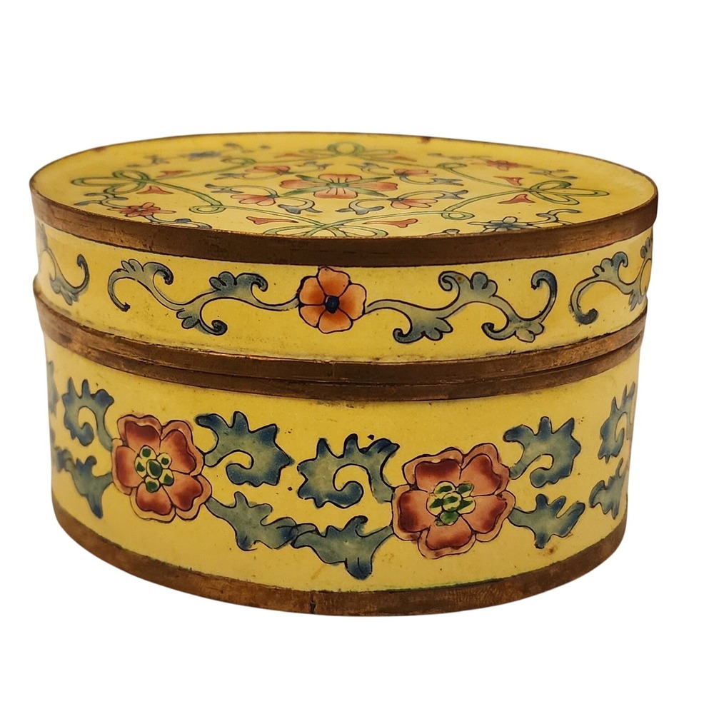 Vintage Chinese Trinket Box, Hand Painted Floral Design, Round Yellow Decor